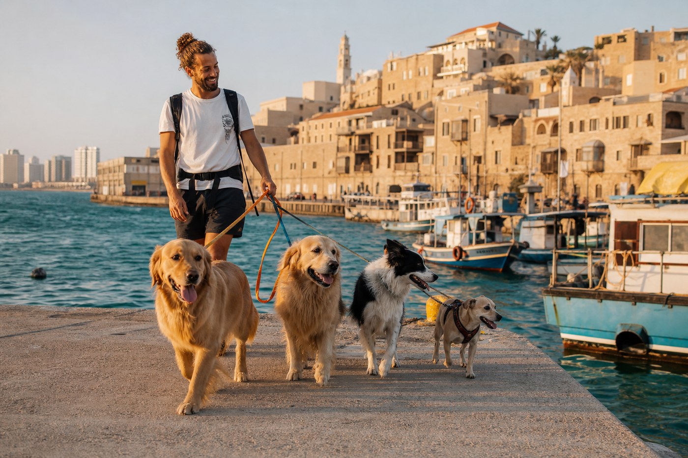 Dogs walking along Jaffa port promenade with harbor and old city in background