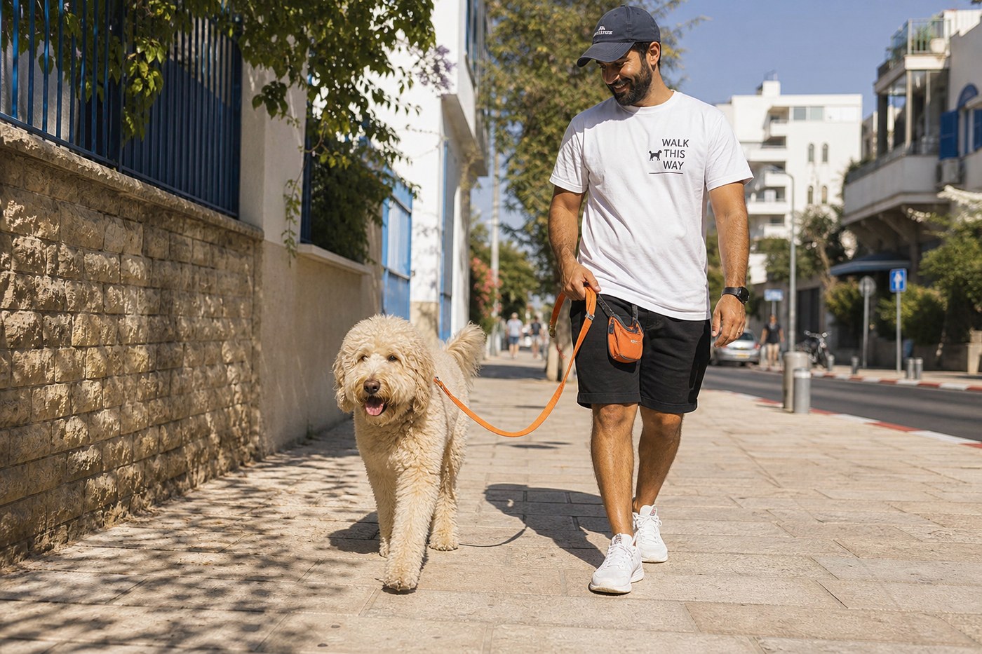 Single dog on a daily neighborhood walk in Jaffa