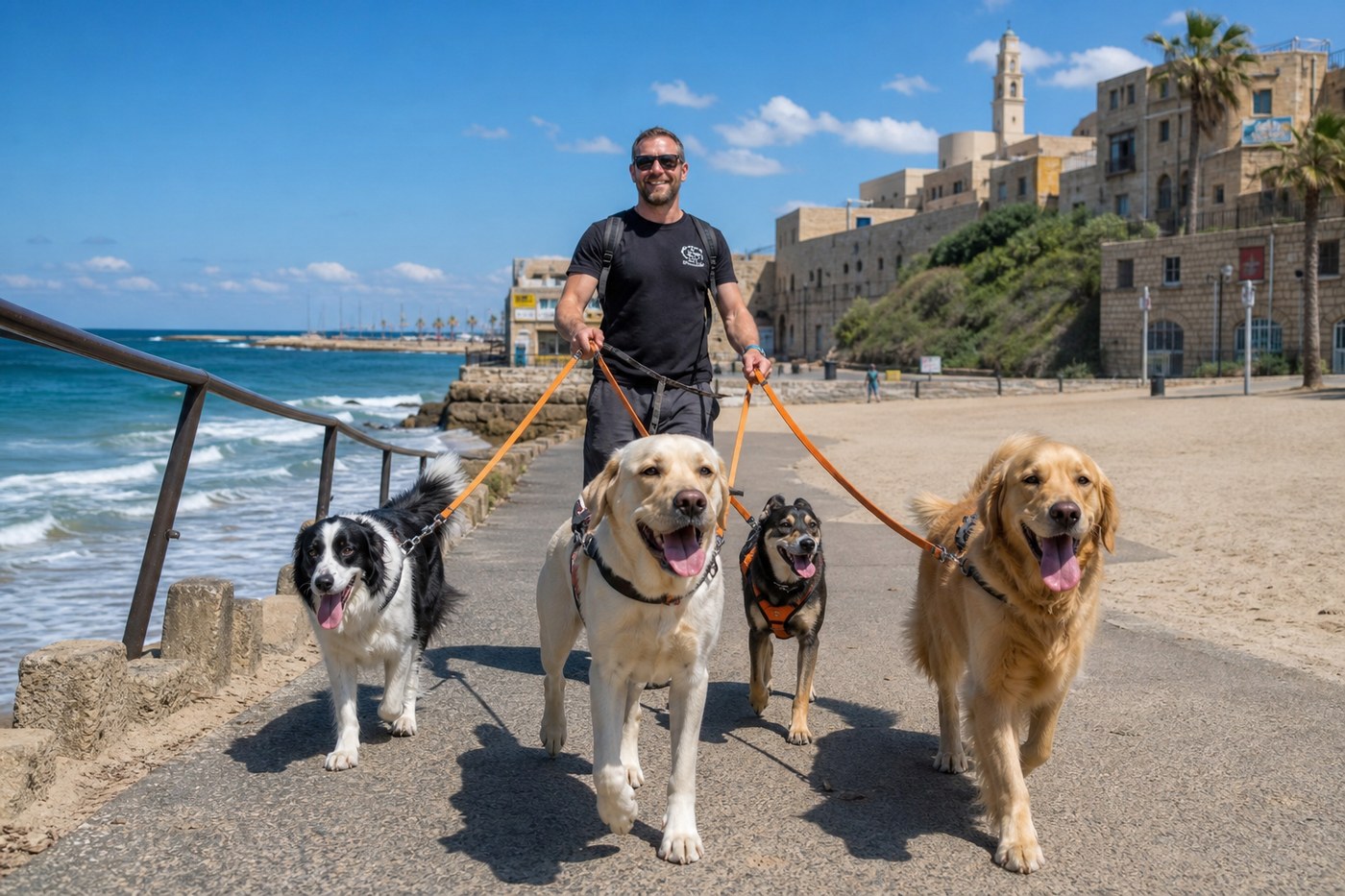 Group pack walk with dogs on Jaffa beach path